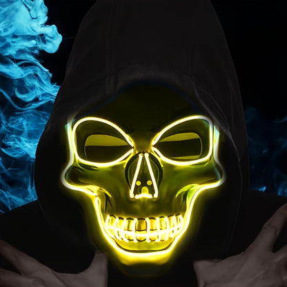 LED Glowing Skull Mask with Blue Light Effects - Self-Lit Halloween Costume Party Mask with Expressive Eyes & Sharp Teeth, Battery-Powered (Batteries Not Included) for Men's Costumes, Themed Events, Gothic Performances - Comp