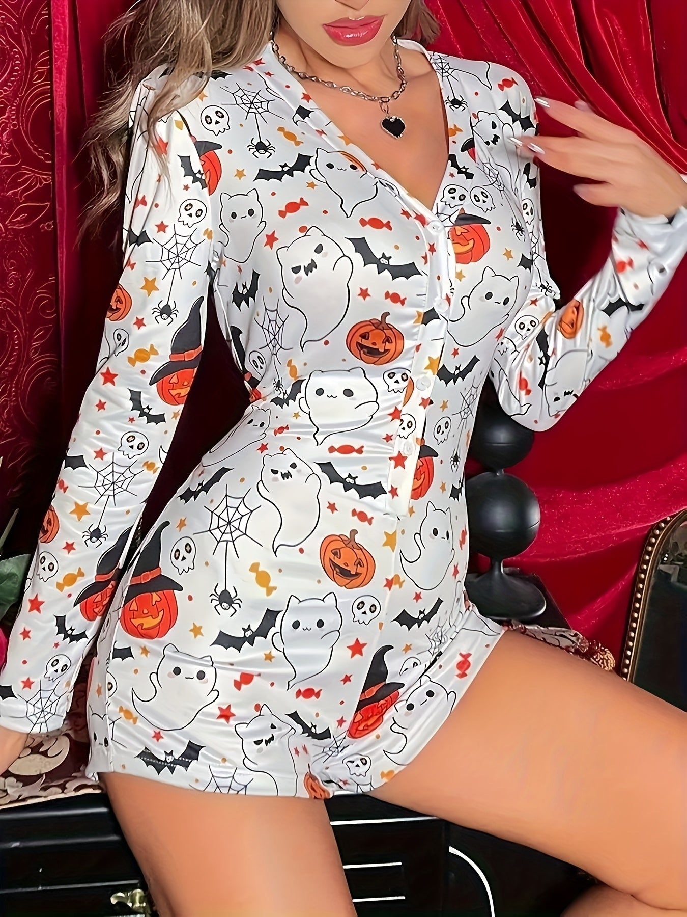 [Halloween Costume Romper] Halloween Costume | Women's Pumpkin & Ghost Print Long Sleeve Romper - V-Neck, Front Button Closure, Sexy All-Season Sleepwear with Red Curtain Background | Playful Print Romper | Button Closure Rom