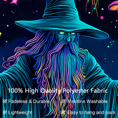 Wizard DJ Jellyfish Mushroom Fluorescent Tapestry - Halloween Outdoor Large Wall Hanging Decor for Yard Party, Hole-Punched Easy Hang, Festive Gift, Polyester, No Electricity Needed