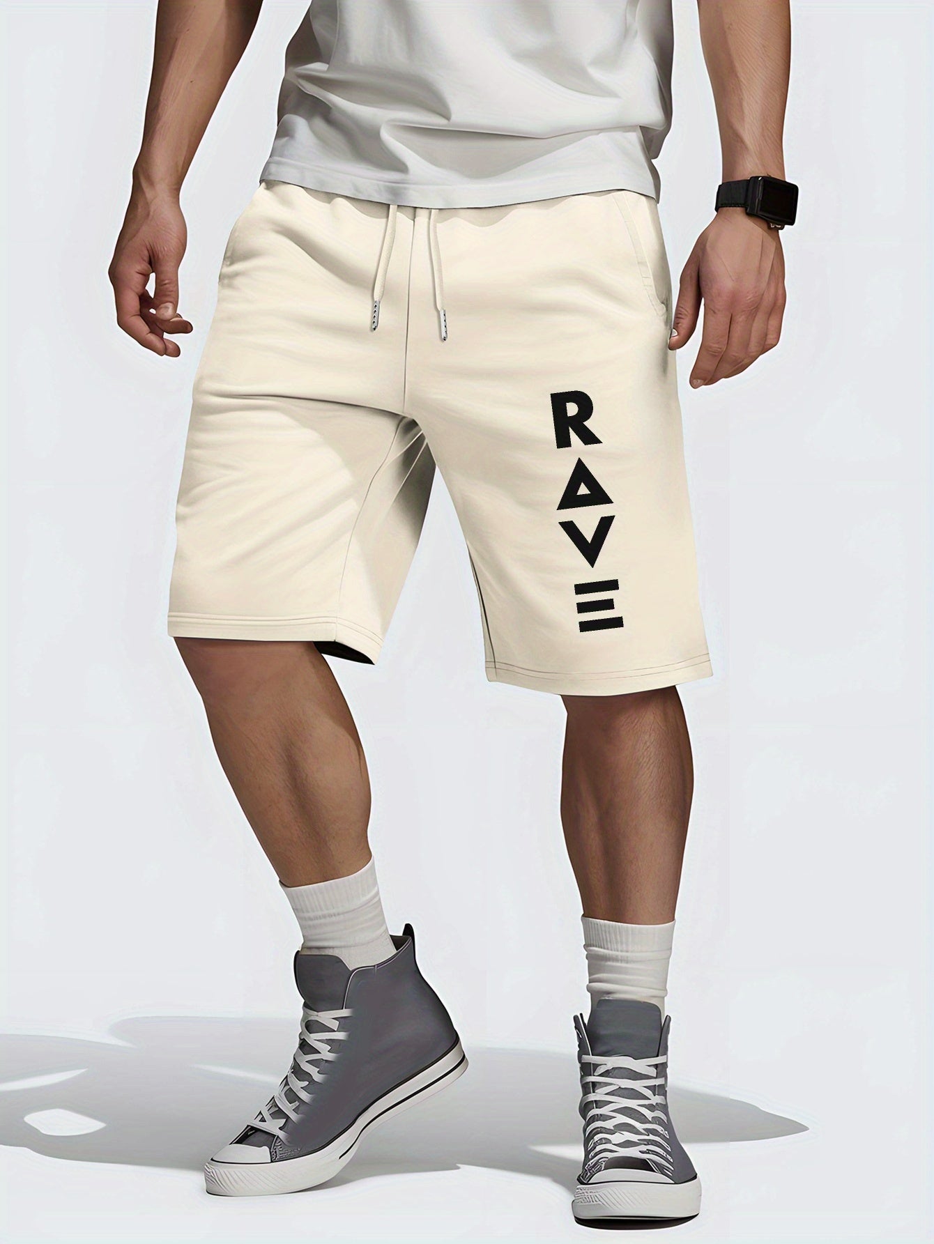 R V New Men's Summer Casual Shorts with RAVE Letter Print - Light Grey Regular Fit Outdoor Sports & Beach Vacation Shorts, American Fashion Trendy Lightweight Comfortable Design, Beach Vacation Apparel | Fashionable Casualwea