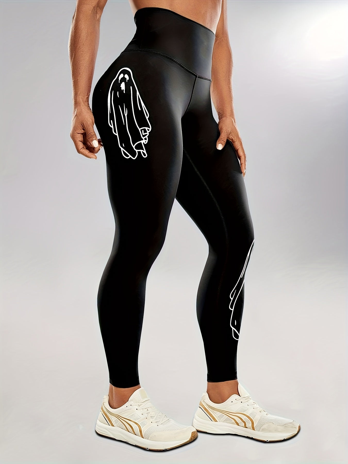 Women'S High-Waisted Stretchy Fitness Leggings with Glow-in-the-Dark Skull Print - Black, Elastic Waistband, Long Length for Running, Yoga & Halloween Party Wear, Yoga Pants, Halloween Leggings, Bold Graphic Pants, Highelasti