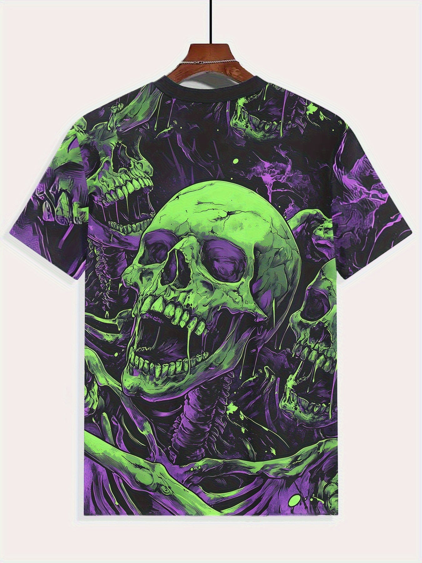 [Breathable Knit Fabric] Men's Plus Size 3D Skull Print T-Shirt - Breathable Knit Fabric, Black with Neon Green Skull Design, Regular Fit Casual Summer Outdoor & Casual Attire, PLUS Size