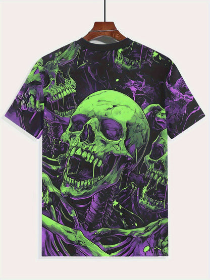 [Breathable Knit Fabric] Men's Plus Size 3D Skull Print T-Shirt - Breathable Knit Fabric, Black with Neon Green Skull Design, Regular Fit Casual Summer Outdoor & Casual Attire, PLUS Size