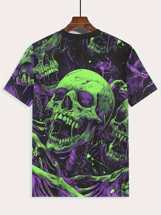 [Breathable Knit Fabric] Men's Plus Size 3D Skull Print T-Shirt - Breathable Knit Fabric, Black with Neon Green Skull Design, Regular Fit Casual Summer Outdoor & Casual Attire, PLUS Size