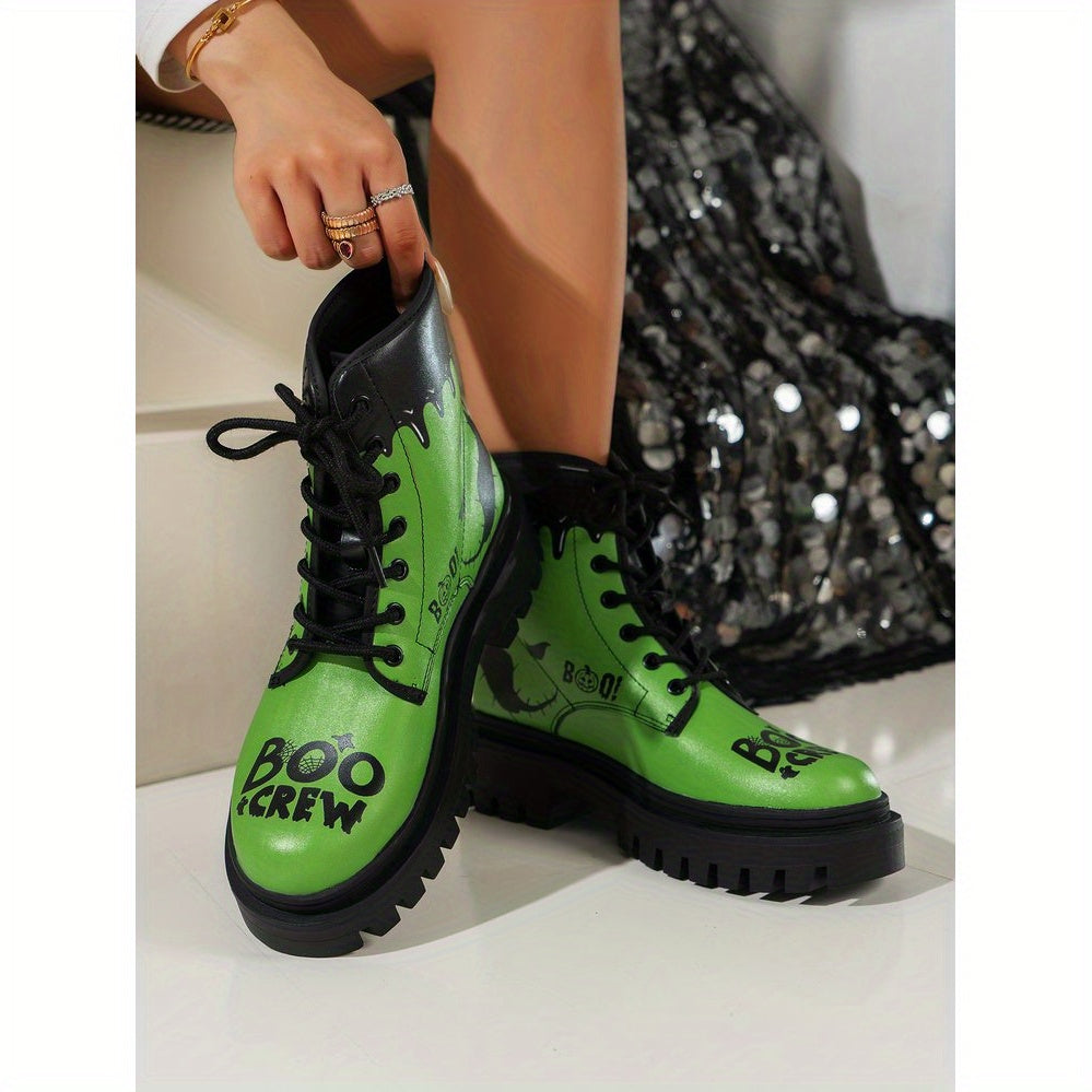 Trendy Plus Size Women's Halloween Print Lace-Up Boots - Thick Low Heel Round Toe PU Cover Short Boots with Rubber Sole, All-Season Comfort for Casual & Festive Occasions