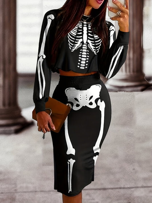 [Halloween Skull Print Set] Halloween Women's Autumn and Winter Skull Print Half Dress Set | Round Neck Long Sleeve Crop Top + Butt-Hugging Bodycon Skirt, Perfect for Casual Wear Halloween Party A776-2