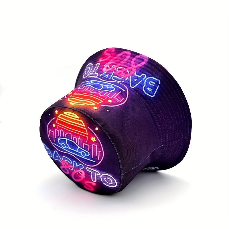 Back to the 80s 90s" Neon Cityscape Bucket Hat - Double-Sided Print, Lightweight & Stylish Fisherman'S Cap, Perfect for Parties & Beach Outings, Machine Washable, Vibrant Purple with Pink & Blue Neon Signs, City Car Design, I