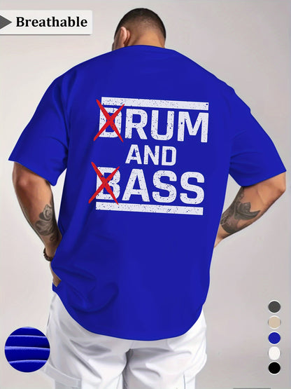 1pc Men'S Casual Crew Neck T-Shirt - Polyester Knit Fabric with Medium Stretch, Short Sleeve Print Top for Going Out, Summer Season - Regular Fit H Tee with "Drum & Bass" Slogan Design