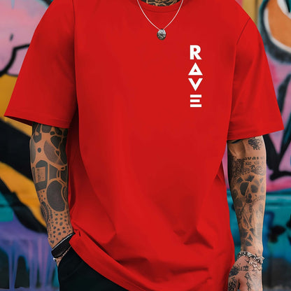 R V Men's Short Sleeve T-Shirt - Vibrant Yellow with Bold RAVE Graphic Print, Breathable Round Neck Casual Top for Summer Beach Resorts & Outdoor Activities