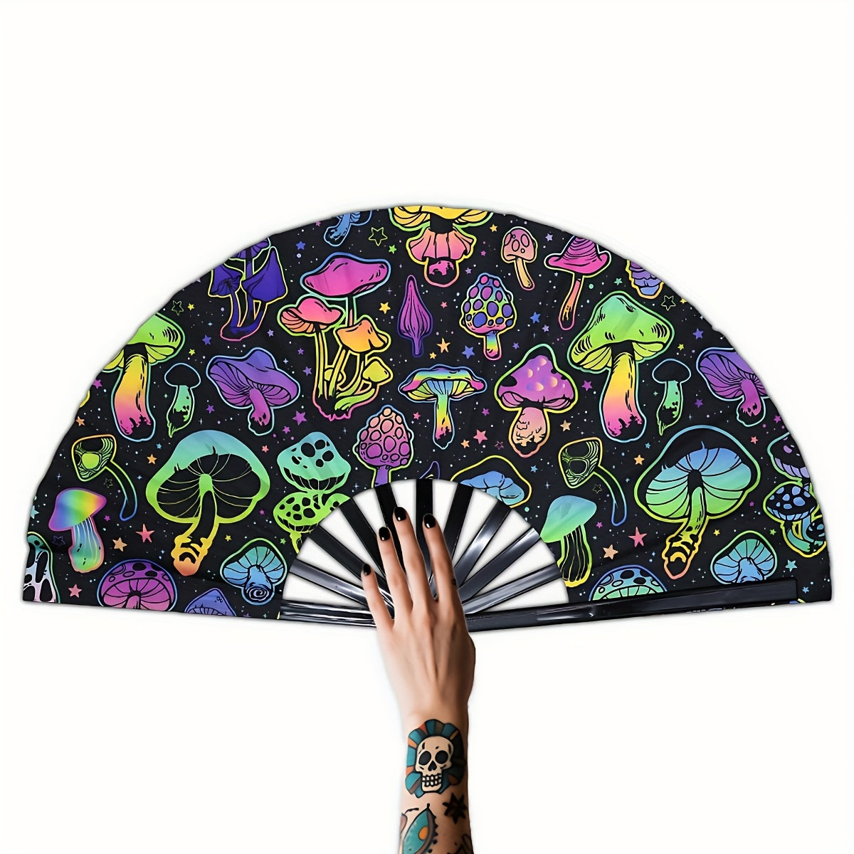 33.02cm Glow-in-the-Dark Mushroom Folding Fan - Vibrant Neon Psychedelic Design, Handheld PP Material for Parties, Raves, Halloween, Concerts, Cosplay & Themed Events - No Battery Needed, Mushroom Decor