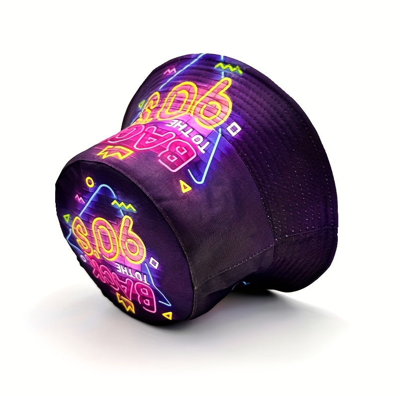 Back to the 80s 90s" Neon Cityscape Bucket Hat - Double-Sided Print, Lightweight & Stylish Fisherman'S Cap, Perfect for Parties & Beach Outings, Machine Washable, Vibrant Purple with Pink & Blue Neon Signs, City Car Design, I