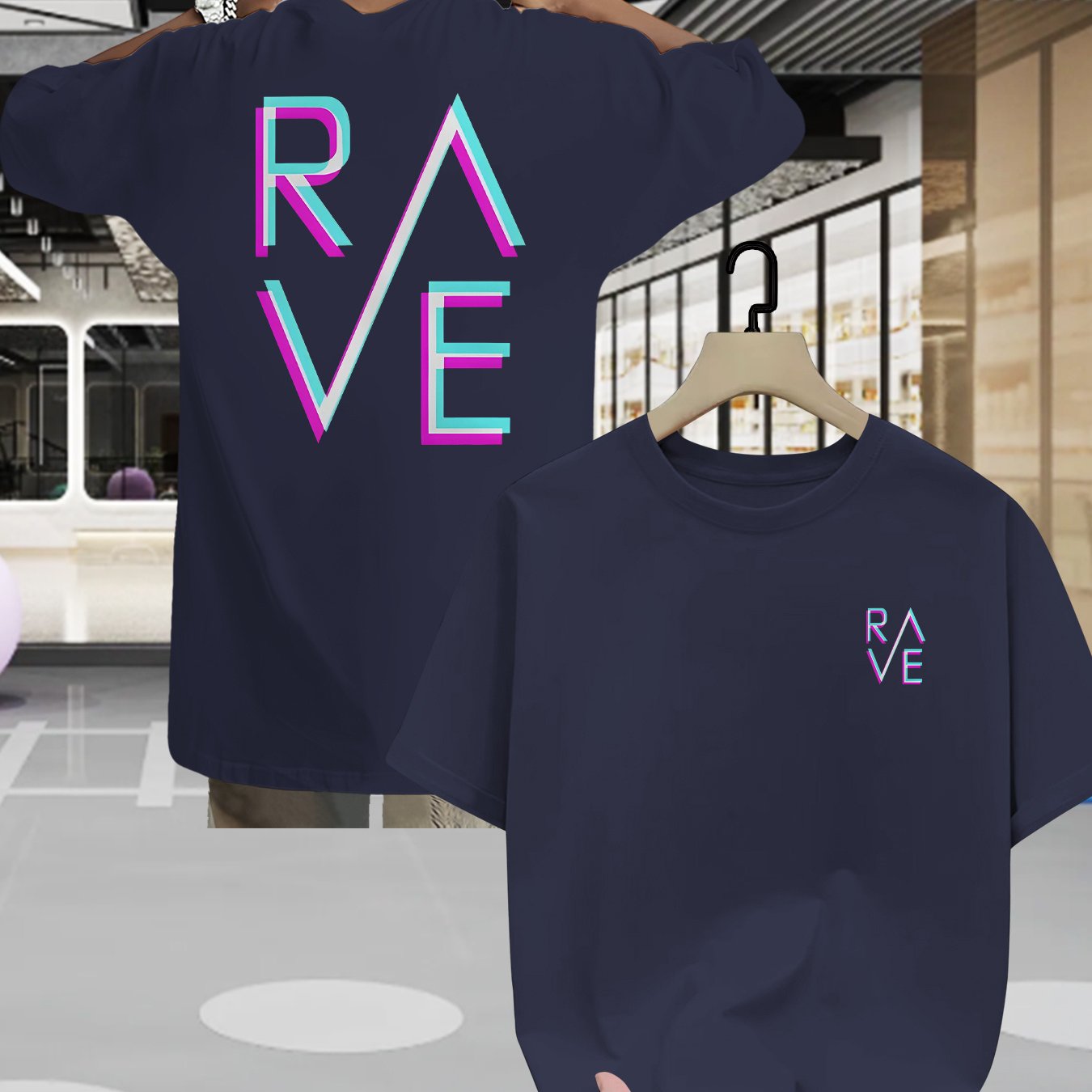 Men'S Summer Casual RAVE Graphic T-Shirt - Black with Pink & White Neon Print, Short Sleeve, Round Neck, Lightweight Polyester Blend, Perfect for Casual Attire, Everyday Tshirt | Round Neck Shirt | Comfortable Fit