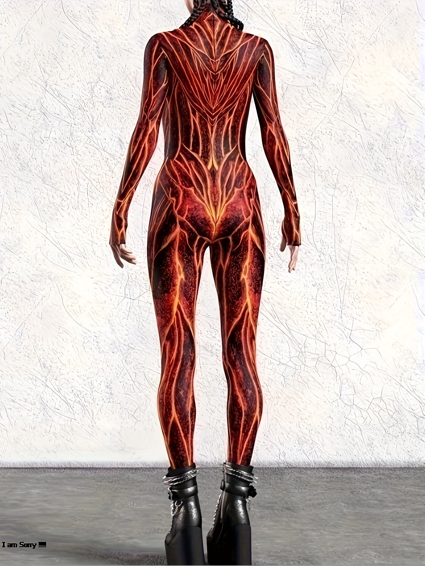 [Fire & Flame Print Bodysuit] Stretchy Polyester Blend, Women's Fire & Flame Print Bodysuit - Sexy High Neck Long Sleeve Jumpsuit with Geometric Pattern, Machine Washable, All-Season Wear, Fire Jumpsuit, Summer Fashion, Bold