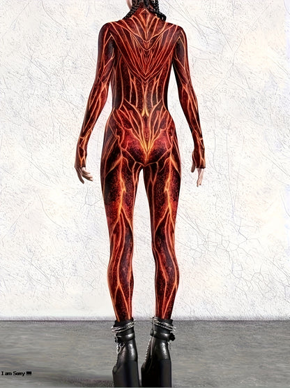 [Fire & Flame Print Bodysuit] Stretchy Polyester Blend, Women's Fire & Flame Print Bodysuit - Sexy High Neck Long Sleeve Jumpsuit with Geometric Pattern, Machine Washable, All-Season Wear, Fire Jumpsuit, Summer Fashion, Bold