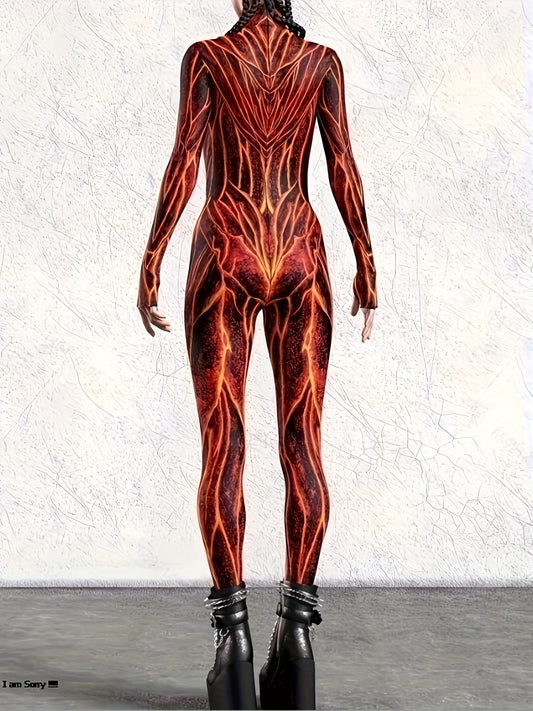 [Fire & Flame Print Bodysuit] Stretchy Polyester Blend, Women's Fire & Flame Print Bodysuit - Sexy High Neck Long Sleeve Jumpsuit with Geometric Pattern, Machine Washable, All-Season Wear, Fire Jumpsuit, Summer Fashion, Bold