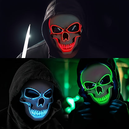LED Glowing Skull Mask with Blue Light Effects - Self-Lit Halloween Costume Party Mask with Expressive Eyes & Sharp Teeth, Battery-Powered (Batteries Not Included) for Men's Costumes, Themed Events, Gothic Performances - Comp