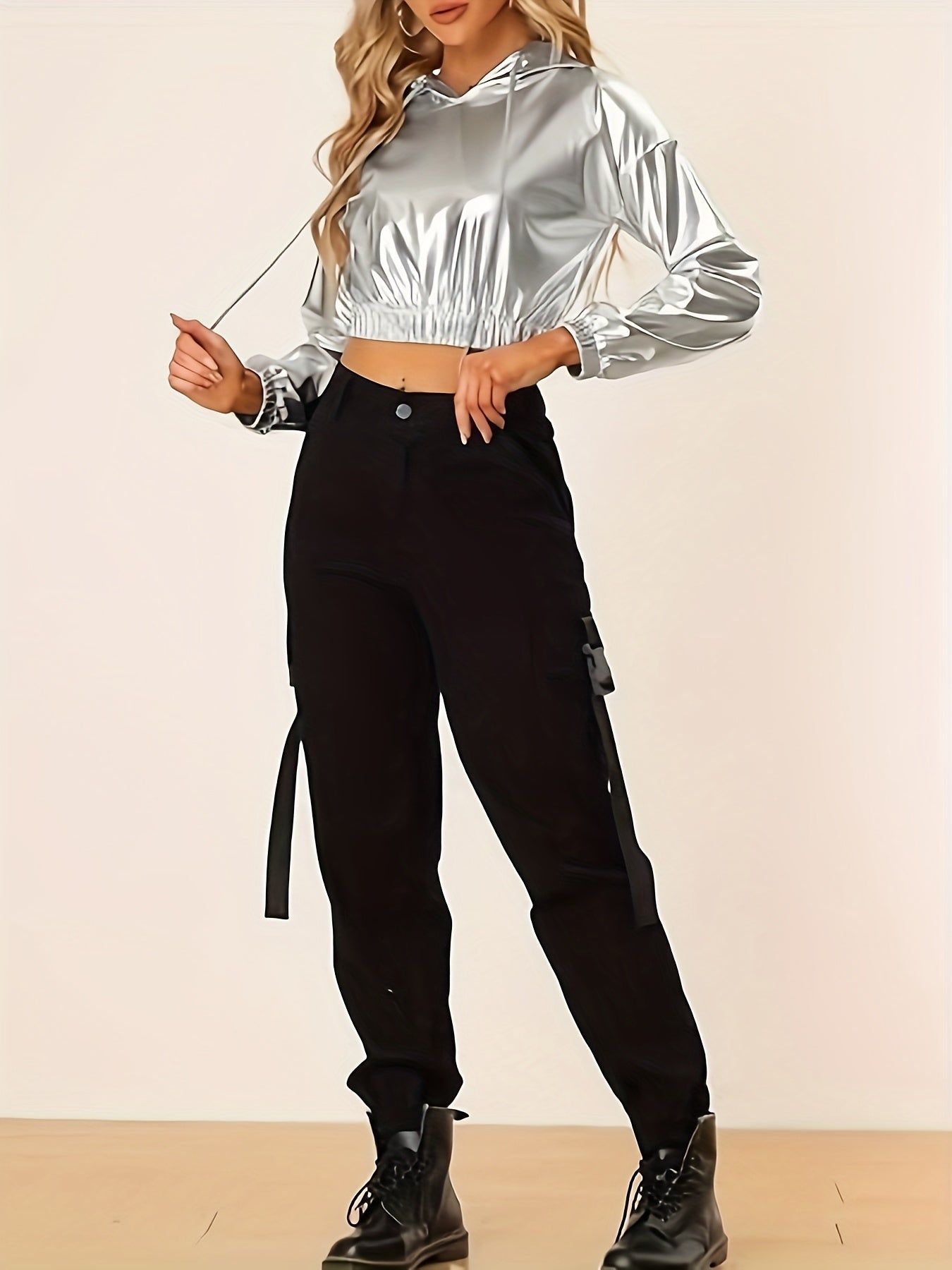 Women's Sexy Short-Length Hooded Sweatshirt - Long Sleeve Holographic Golden Metallic Pullover with Drawstring Hood, Stretchy Fabric for Gym Running Casual Wear, Spring/Autumn Fashion, Gym Hoodie, Seasonal Athletic Apparel, E