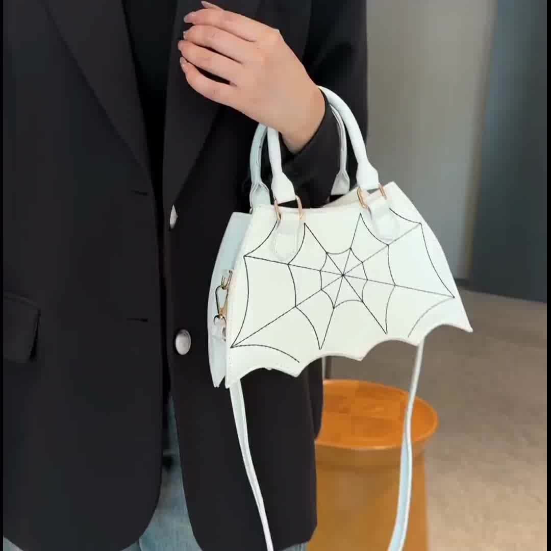 Halloween Women'S Bat Wing Spider Web Handbag - Lightweight Synthetic Faux Leather Tote with Geometric Spider Web Design, Zipper Closure & Detachable Strap, Gothic Style for Daily Use or Party Outfits, Durable Polyester Linin