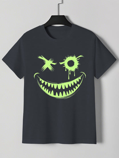 Men's Neon Green Glow-in-the-Dark Mischievous Grin Face Graphic T-Shirt - Lightweight Summer Tee for Parties, Casual Attire & Costume Events - Non-Transparent Casual Shirt for Adults, Playful Design, Machine Washable Fabric