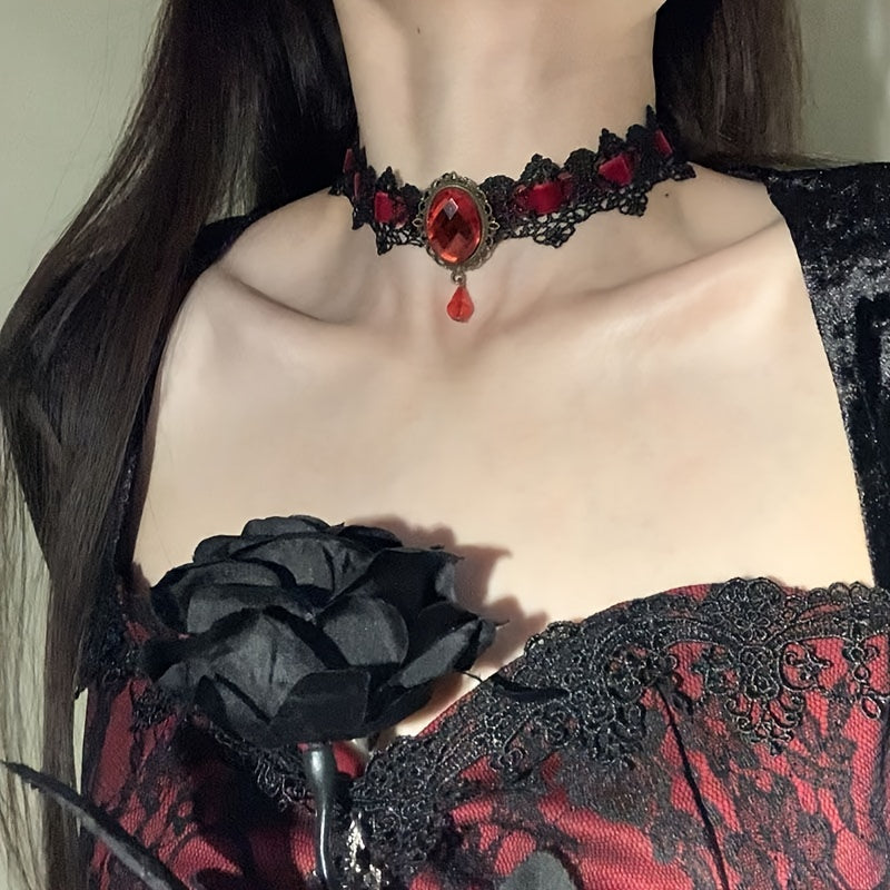 Gothic Lace Choker Necklace with Rhinestone, Adjustable Clavicle Jewelry, Women'S Fashion Collar, Gift for Parties, Halloween, All-Season Accessory