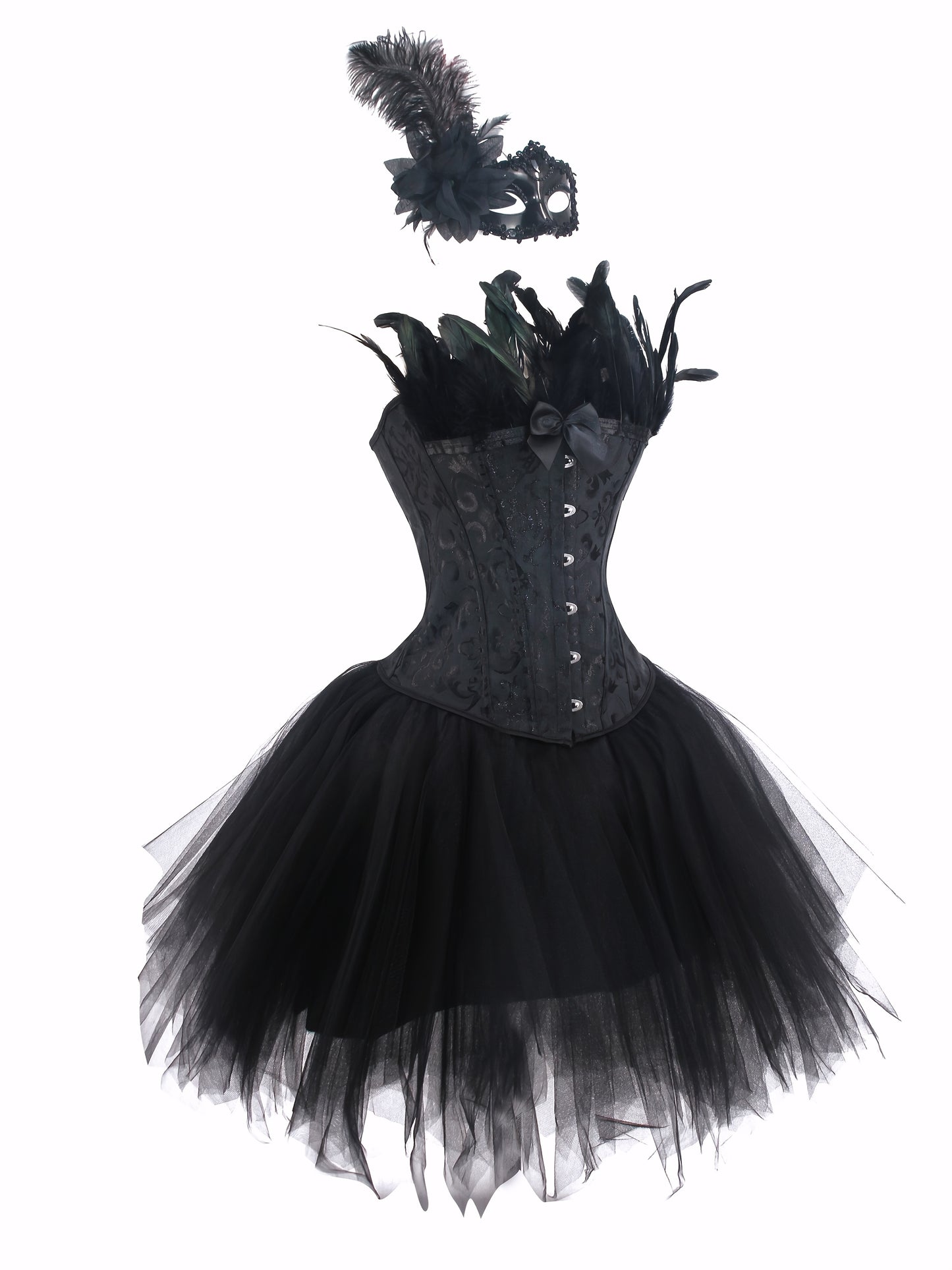 [Gothic Style Costume Set] Gothic Style Jacquard CORSETS + TUTU Skirt + Mask Set | Halloween Black Swan, Black Angel Costume Set - Party Outfit Set