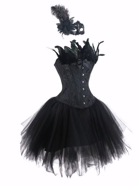 [Gothic Style Costume Set] Gothic Style Jacquard CORSETS + TUTU Skirt + Mask Set | Halloween Black Swan, Black Angel Costume Set - Party Outfit Set