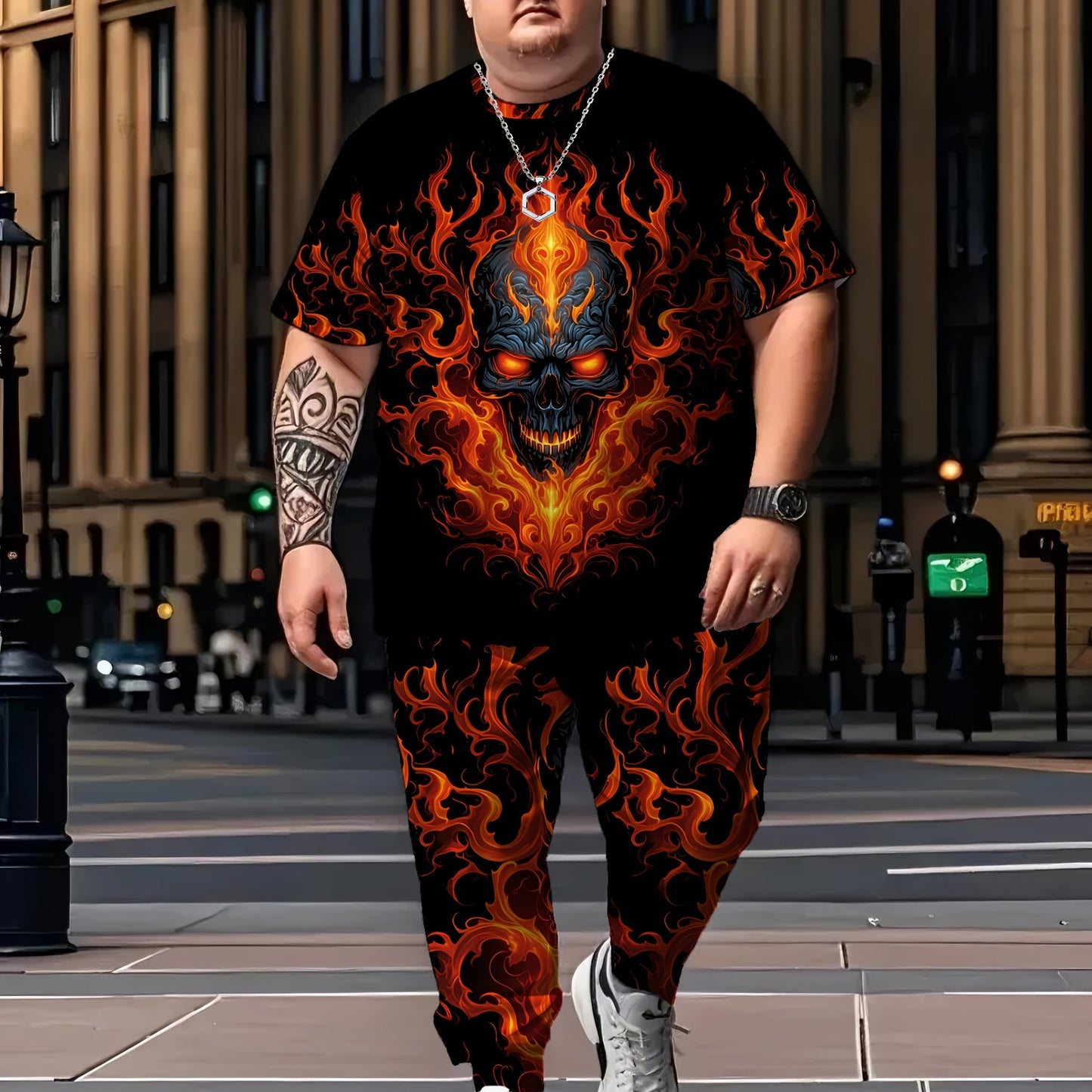 Men's Large Size Round Neck 3D Printed Slim Fit Fiery Skull Personality Free and Bold Att! Fashionable and Trendy Versatile Plus Size Men's Round Neck Casual T-shirt and Pants Set, Tall Men's Two-Piece Set, Outdoor Leisure En