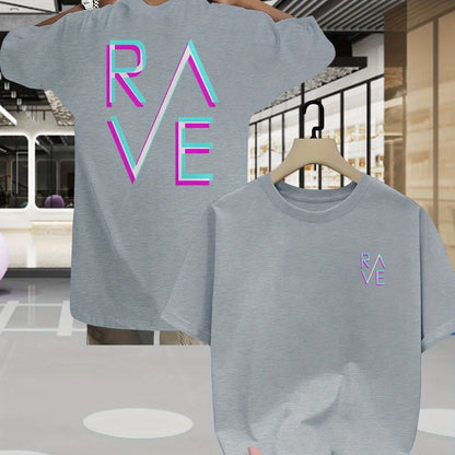 Men'S Summer Casual RAVE Graphic T-Shirt - Black with Pink & White Neon Print, Short Sleeve, Round Neck, Lightweight Polyester Blend, Perfect for Casual Attire, Everyday Tshirt | Round Neck Shirt | Comfortable Fit