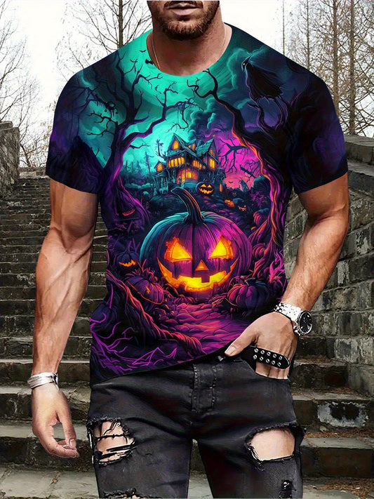 [Halloween Tee] Lightweight Breathable Halloween Tee - Men's Plus Size Big & Tall Friendly T-Shirt with Jack-O'-Lantern, Pumpkin, Haunted House Graphic - Purple, Green, Orange, Black Spooky Colors - Machine Washable Costume T