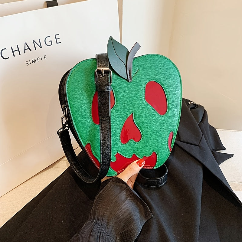 [Halloween] Women's Halloween Skeleton Apple Crossbody Bag - Adjustable Strap, Zipper Closure, Polyester Lining, Green & Red Contrast Design, Perfect For Halloween Accessories, Halloween Accessories Bag | Skeleton Apple Print