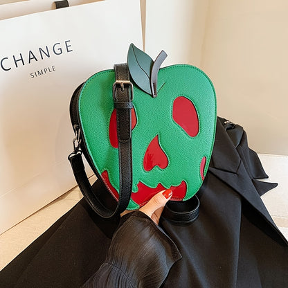 [Halloween] Women's Halloween Skeleton Apple Crossbody Bag - Adjustable Strap, Zipper Closure, Polyester Lining, Green & Red Contrast Design, Perfect For Halloween Accessories, Halloween Accessories Bag | Skeleton Apple Print