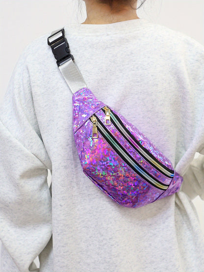Holographic Sequin Waist Bag for Women - Stylish Crossbody Belt Bag with Adjustable Strap, Zipper Closure, And Glittery Purple, White, And Pink Patterns - Perfect for Outdoor Activities, Travel, And Everyday Fashion, Crossbod