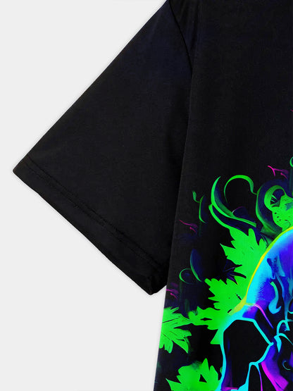 Men's Fluorescent Skull Print T-Shirt - Vibrant Summer Short Sleeve Tee, Casual & Comfortable Round Neck Graphic Tee for Casual Attire, Everyday Tshirt | Artistic Fashion Tee | Comfortable Fit, Tee Shirts