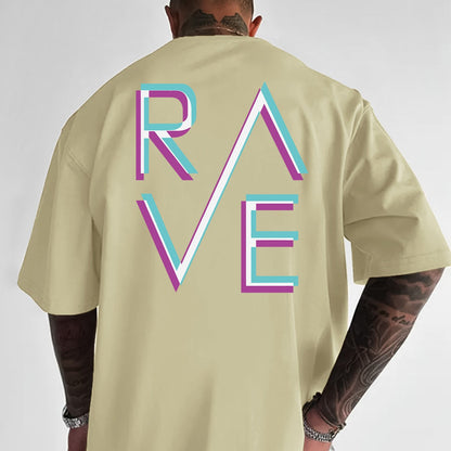 Men'S Casual Loose Fit Crew Neck T-Shirt with "RAVE" Graphic Print - Vibrant Neon Letter Design, Short Sleeve, Summer Essentials, Perfect Gift for Music Lovers, Everyday Tshirt | Vibrant Graphic Tee | Comfortable Fit, PLUS SI