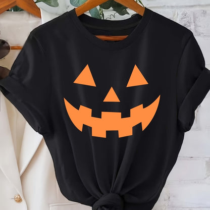 [Halloween Pumpkin T-Shirt] Halloween Pumpkin Graphic T-Shirt for Women | Casual Crew Neck Short Sleeve Top, 95% Polyester 5% Elastane, Knit Fabric, All Seasons, 200gsm - Black
