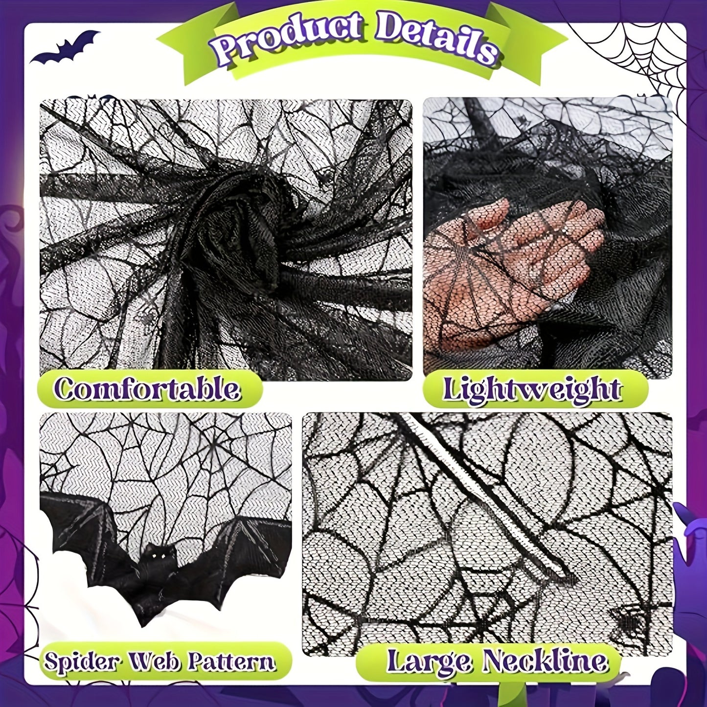 Halloween Bat Wing Shawl Costume - Fabric Spider Web Poncho Cloak for Women - Festive Holiday Party Dress-Up Accessory - No Feathers - Electricity-Free Decoration (Pack of 1)