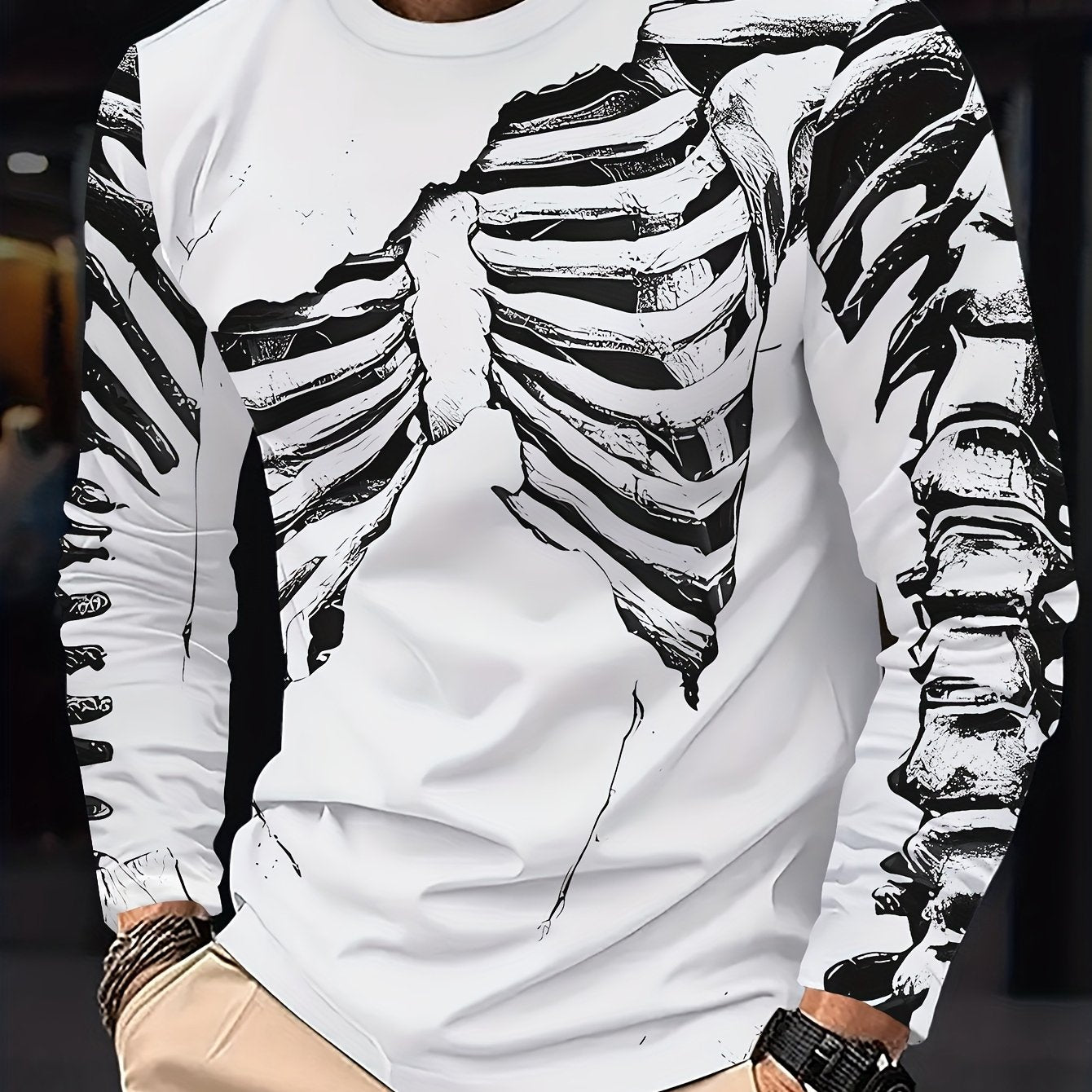 [Stretchy Skeleton Tee] Stretchy Polyester Blend Men's Casual Long Sleeve T-Shirt with Skeleton Ribcage Design | White, Round Neck, All-Season Comfort Fit, Bold Graphic Tee