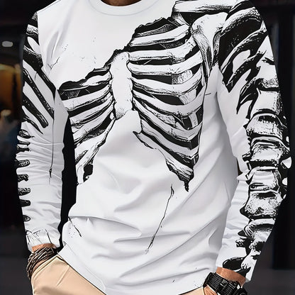 [Stretchy Skeleton Tee] Stretchy Polyester Blend Men's Casual Long Sleeve T-Shirt with Skeleton Ribcage Design | White, Round Neck, All-Season Comfort Fit, Bold Graphic Tee