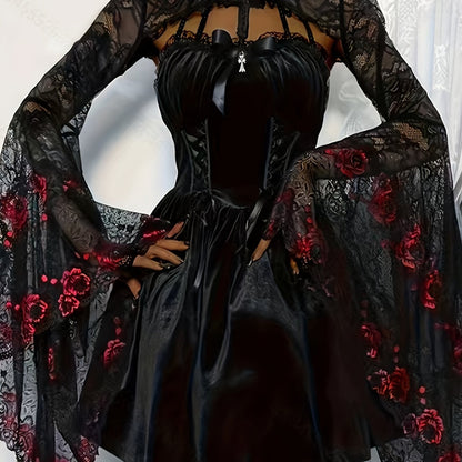 [Gothic Lace Shawl Top] Gothic Lace Shawl Top for Women - Semi-Sheer High Neck Long Sleeve with Red Rose & Black Guipure Lace Trim, Asymmetrical Hem, Loose Fit, Year-Round Versatile Party Wear, Halloween Costume (Hand Washabl