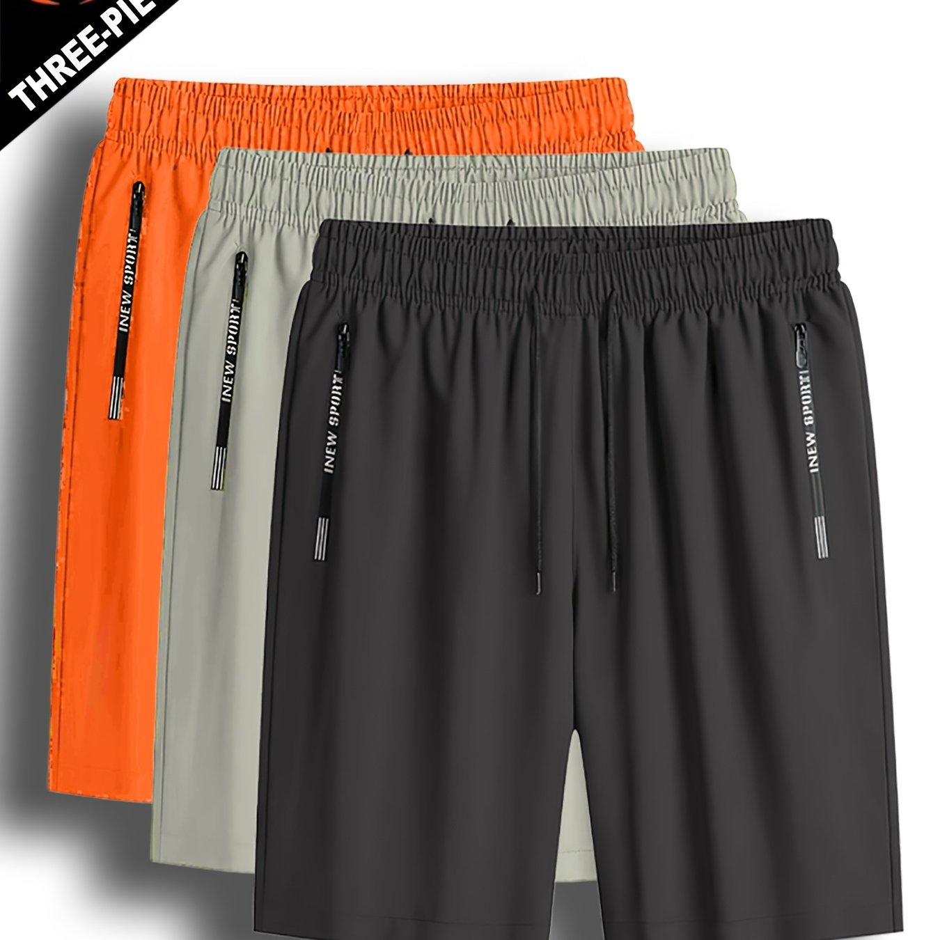 3pcs Men'S Lightweight Quick-Dry Running Shorts - Summer Casual Sport, Loose Fit, Zipper with White Accents, Elastic Waistband, Zipper Pockets, Polyester and Spandex Blend, Large Size
