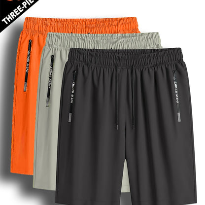 3pcs Men'S Lightweight Quick-Dry Running Shorts - Summer Casual Sport, Loose Fit, Zipper with White Accents, Elastic Waistband, Zipper Pockets, Polyester and Spandex Blend, Large Size