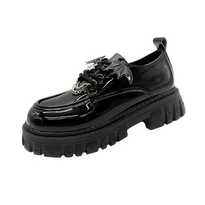 [Goth Bat Wing Flats] Goth Bat Wing Design Women's Stylish Black Lace-Up Flats | Silvery Star Charms & Chain Detail, Thick Rubber Sole, All-Season Comfort, Sweet & Edgy Fashion Statement