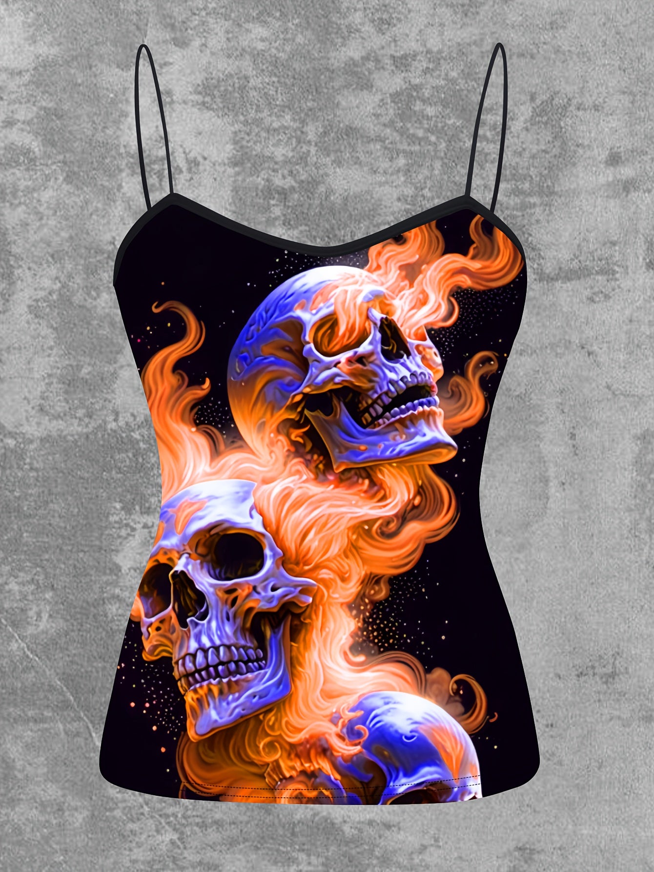 Women's Gothic Pink Flame Skull Graphic Cami Top - Elegant Sleeveless Spaghetti Strap Shirt, Machine Washable, Stretch Fabric, Perfect for Spring/Summer/Fall, Casual Wear | Edgy Chic | Medium Stretch