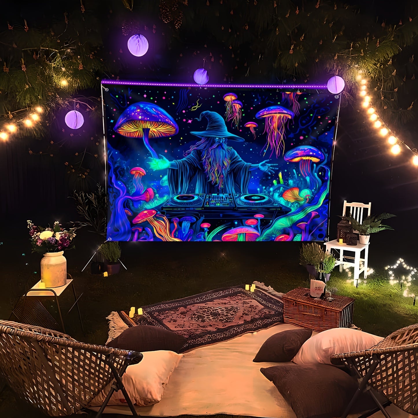 Wizard DJ Jellyfish Mushroom Fluorescent Tapestry - Halloween Outdoor Large Wall Hanging Decor for Yard Party, Hole-Punched Easy Hang, Festive Gift, Polyester, No Electricity Needed