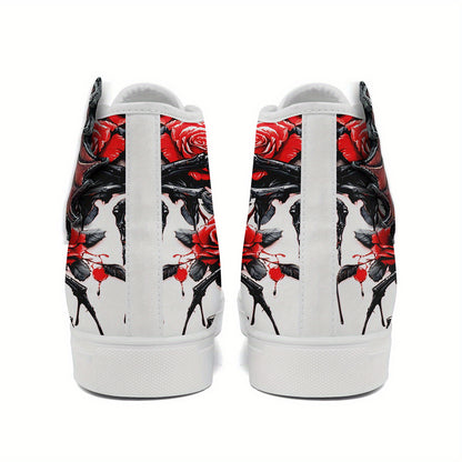 [Gothic Punk Sneakers] Gothic Punk Sneakers for Men - High-Top Shoes with 3D Red Flame Skull & Wing Design | Lace-Up Closure for Halloween, Gothic Parties, Everyday Streetwear | All-Season Comfortable, Casual Sport, Horror Ae