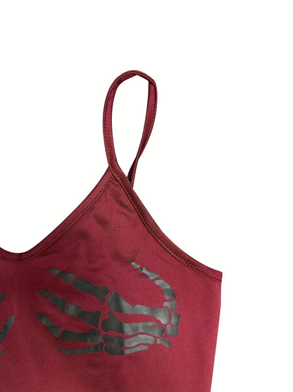 Women'S Sexy V-Neck Slingback Crop Top, Skull Hand Print, Knit Fabric, 95% Polyester 5% Spandex, All-Season, 180g/m², Polyester Knit Fabric, Sizes S-XL