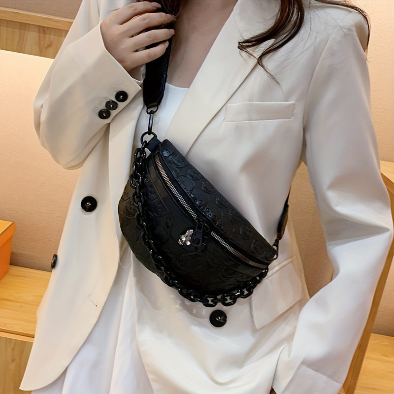 [Skull Crossbody Bag] Skull Embossed Women's Black Crossbody Bag | Versatile Shoulder & Waist Purse with Zipper Closure, Polyester Lining | Perfect for Halloween or Everyday Use, Halloween Accessories