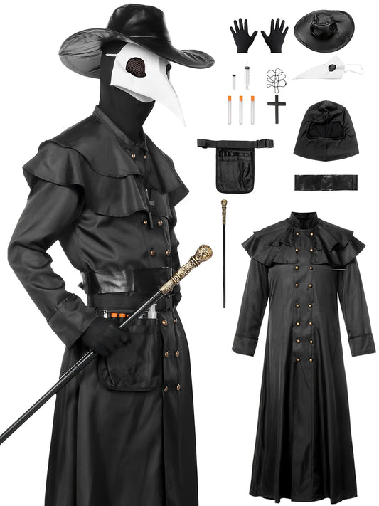 Adult Men'S Steampunk Plague Doctor Costume - Halloween Medieval Monk Priest Renaissance Party Outfit with Cape, Robe, Mask, and Accessories - Polyester 100% Solid Color with Stand Collar and Belt - Regular Fit Woven Fabric 1