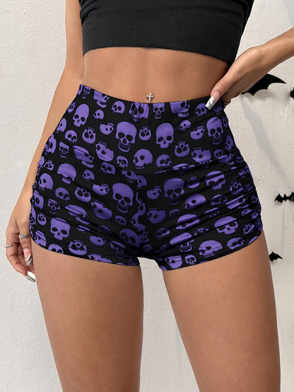Y2K Skull Print High-Waisted Shorts for Women - Stretchy, Non-See-Through, Black with Purple Skulls & Roses Design, Comfortable Casual Shorts for Casual Attire, High Waisted Shorts