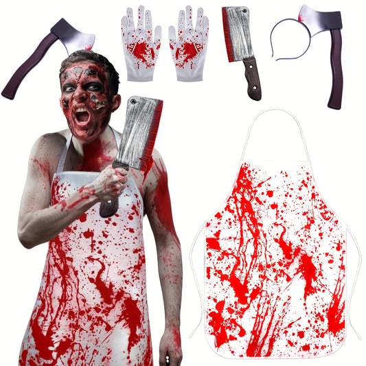 4pcs Bloody Butcher Costume Accessories Set for Men and Women, Including Axe Headband, Apron, Gloves, Fake Cleaver for Scary Party Fright Night and Halloween Party